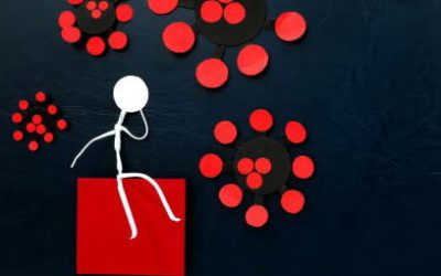 Anxiety, depression and mental health issue during covid-19 disease pandemic crisis concept. Human stick figure sitting and worrying with red coronavirus in dark blue background.