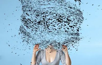 Overthinking concept presented as tornado in woman's head.